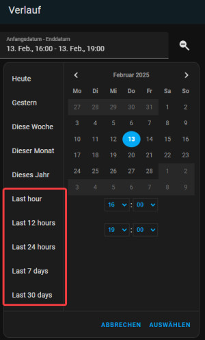Preview Home Assistant Verlauf: letzte Stunde, Woche, 30 Tage